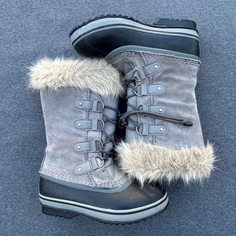 Sorel Joan of Arctic Youth Girls 4 Gray Waterproof Insulated Snow Boots Faux Fur